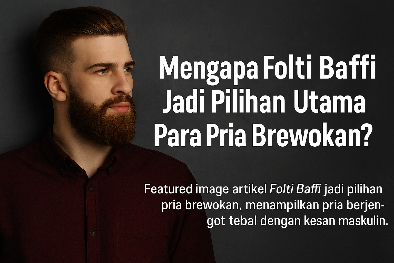 Pria brewokan maskulin dengan jenggot tebal, menampilkan keunggulan produk Folti Baffi sebagai pilihan utama perawatan brewok