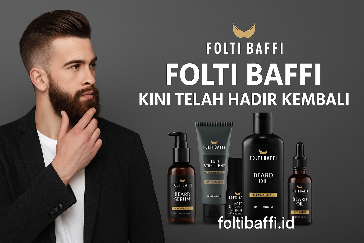 Folti Baffi kini telah hadir kembali dengan produk grooming pria resmi, termasuk beard serum, beard oil, dan hair stimulant