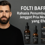 Pria modern dengan jenggot tebal rapi bersama produk Folti Baffi penumbuh jenggot efektif