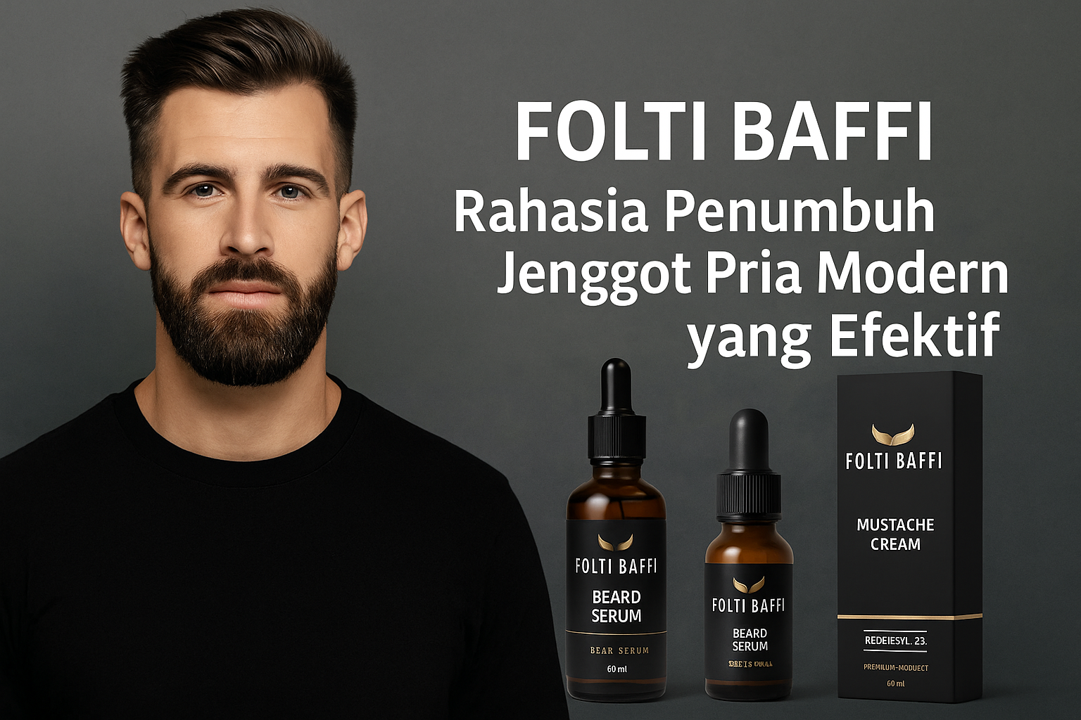 Pria modern dengan jenggot tebal rapi bersama produk Folti Baffi penumbuh jenggot efektif