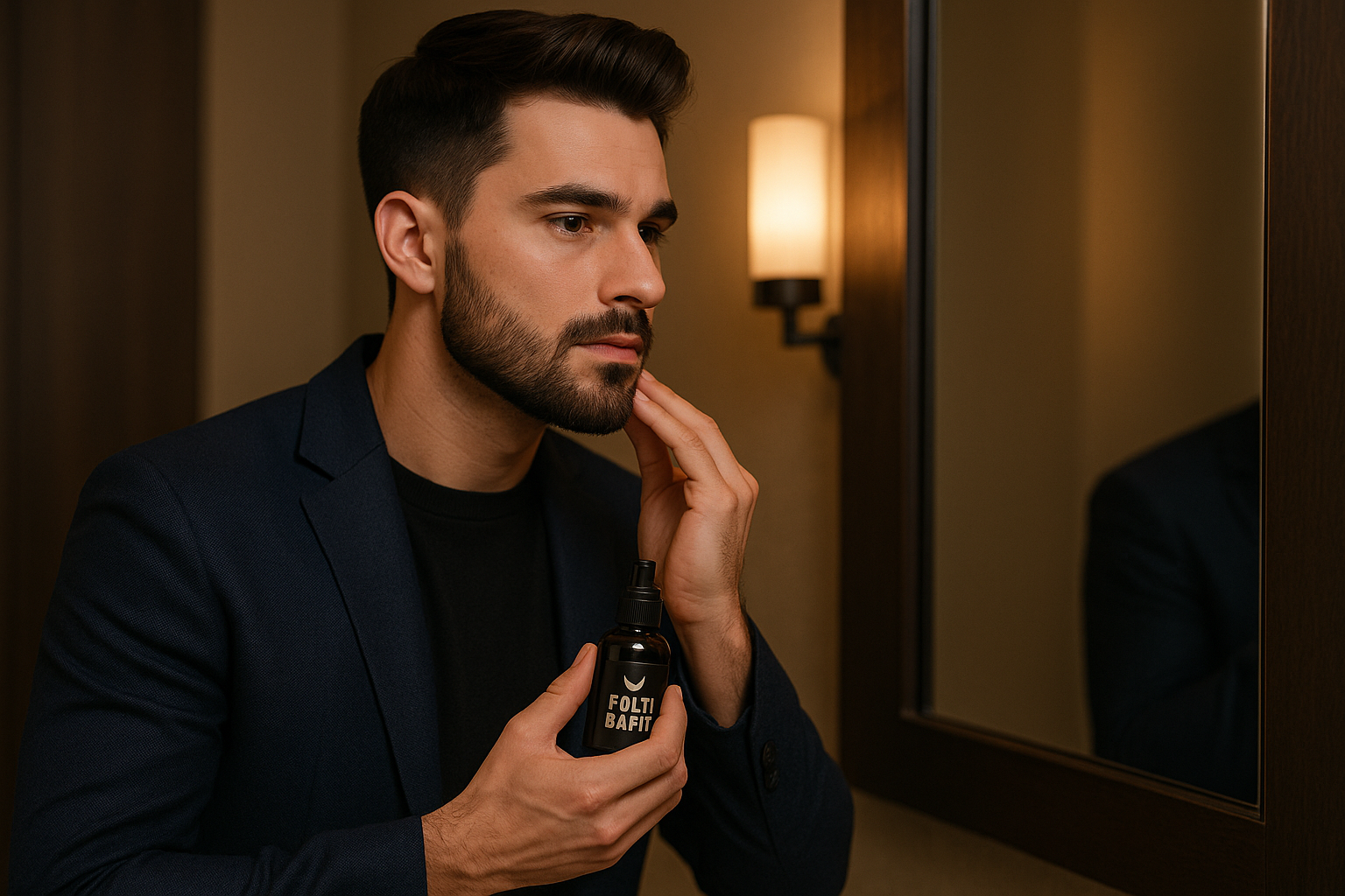 Pria stylish menggunakan produk Folti Baffi dengan gaya elegan dan percaya diri