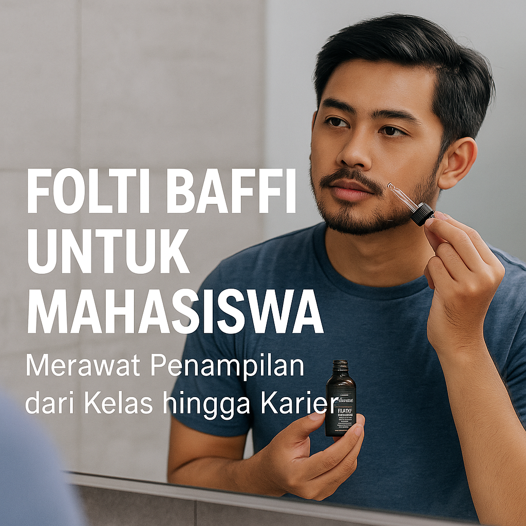 Mahasiswa pria modern sedang berdiri di depan cermin kampus, merapikan brewok dan rambut menggunakan produk Folti Baffi. Suasana elegan dan profesional menggambarkan gaya hidup mahasiswa yang percaya diri dan siap memasuki dunia karier.