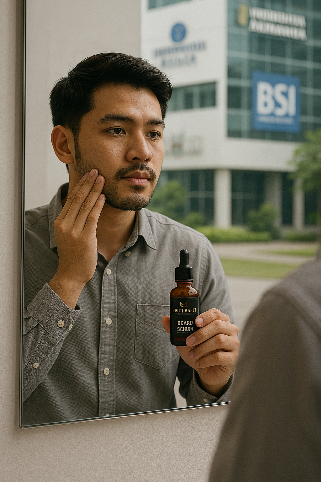 Mahasiswa pria Indonesia sedang memakai serum Folti Baffi di depan cermin dengan latar belakang kampus modern bertuliskan Akmanuma, Bogor, Sahid, dan BSI.