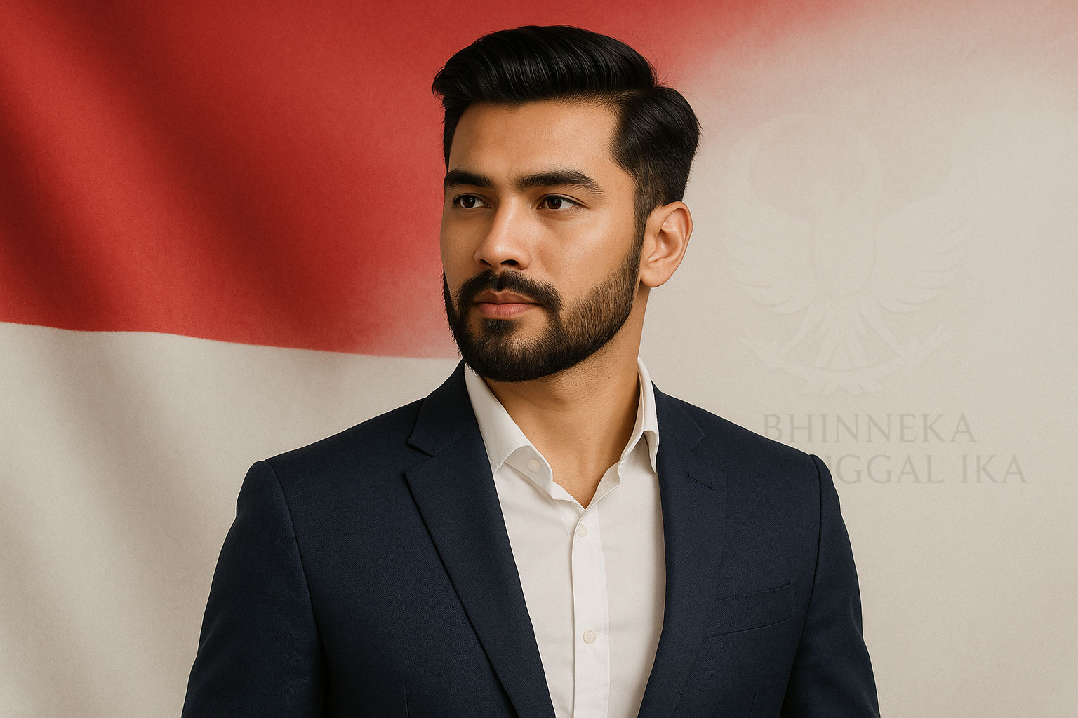 Pria Indonesia modern dengan janggut rapi berdiri di depan latar merah putih.